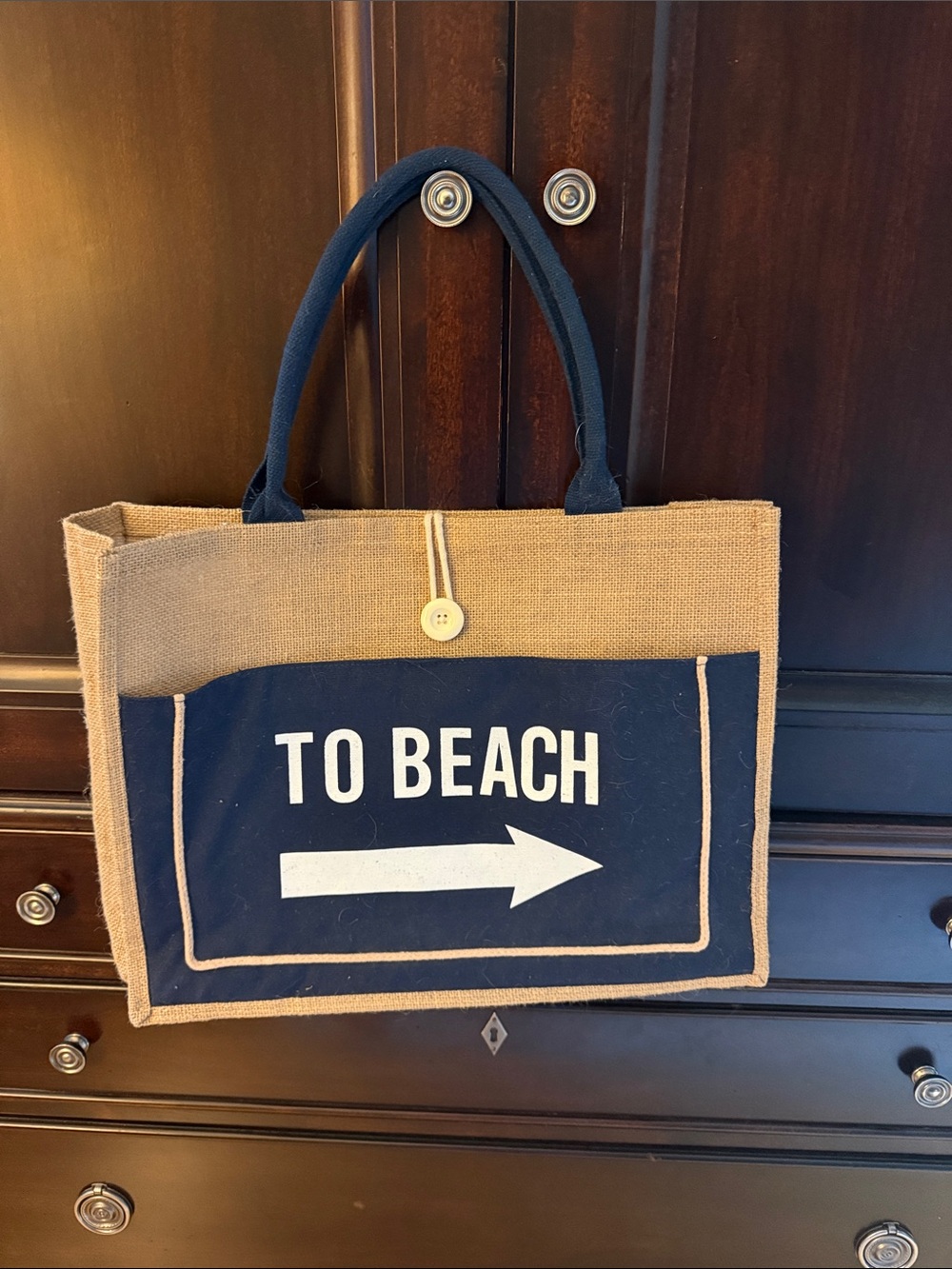Canvas 'To Beach' Tote Bag with Navy Pocket